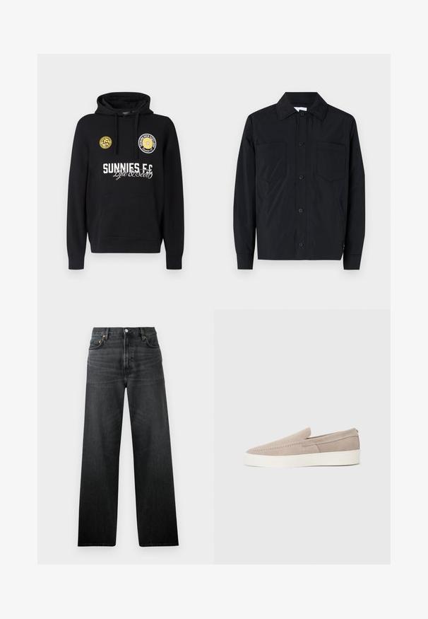 Melna pogu jaka ar īsu piedurkni, izgatavota no viegla auduma, ar divām krūšu kabatām, taisnu apkakli un garām piedurknēm. Gluda tekstūra un bez rakstiem.; Melna džemperis ar kapuci un kaguropodu, uz krūtīm apaļas dzeltenas uzlīmes un balts teksts ar vārdiem "SUNNIES FC" un "Lyle & Scott".; Melnu džinsu ar taisnā kāju dizainu, aprīkoti ar piecām kabatām un pogu aizdari. Audumam ir neliela spīduma un redzama tekstūra.; Beige zamšādas slip-on apavi ar gludu tekstūru, noapaļotu purngalu un baltu gumijas zoli. Iezīmējas ar vienkāršu šuvumu gar augšējo daļu.