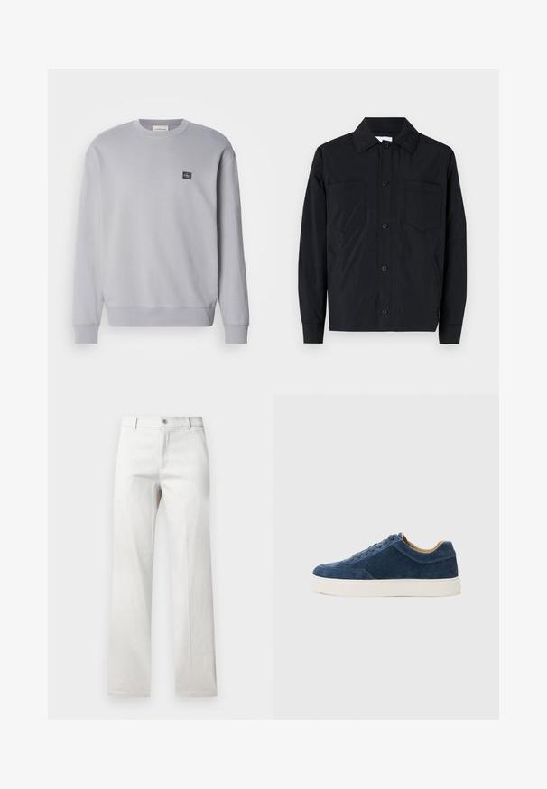 Svart knappjakke laget av lett stoff, med to brystlommer, rett krage og lange ermer. Glatt tekstur uten mønster.; Lys grå hettegenser laget av bomullsblanding. Har lange ermer, rund hals og lite logo-lapp på brystet. Myk tekstur.; Lysegrå bukser med rett bendesign, laget av et glatt stoff, med frontlukking med knapp og sidelommer.; Blå semsket sneakers med hvit gummisåle, snøring, rund tå og kontrasterende tan innside. Subtile sømdetaljer.