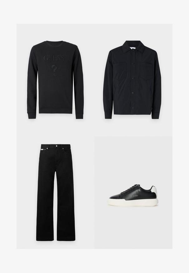 Giacca nera con bottoni in tessuto leggero, dotata di due tasche sul petto, colletto dritto e maniche lunghe. Texture liscia e senza motivi.; Felpa nera realizzata in morbido tessuto, con logo "GUESS" in rilievo, colletto rotondo e maniche lunghe con polsini e orlo a costine.; Pantaloni in denim nero con design a gamba larga, dotati di cinque tasche e hardware in metallo per i bottoni. Texture liscia, senza motivi visibili.; Sneakers in pelle nera con suola in gomma bianca. Presentano punta rotonda, design con lacci e dettaglio del logo sul lato. Accento posteriore in bianco.
