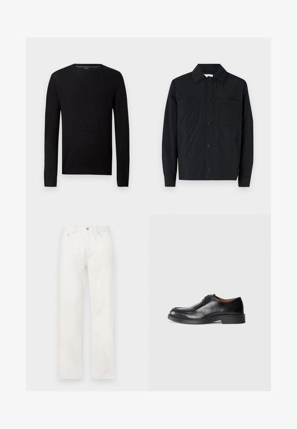 Veste noire à boutonnage, fabriquée en tissu léger, avec deux poches poitrine, un col droit et des manches longues. Texture lisse et sans motifs.; Pull noir avec un col rond et des manches longues. Présente un motif texturé et des poignets côtelés pour une silhouette ajustée.; Jean en denim blanc avec une coupe droite, fermeture à bouton et à glissière, conception à cinq poches, sans motifs ou accents visibles.; Chaussure de ville en cuir noir avec un bout arrondi, surface lisse, détails en dentelle et une semelle en caoutchouc texturée basse. Lignes épurées et design minimal.