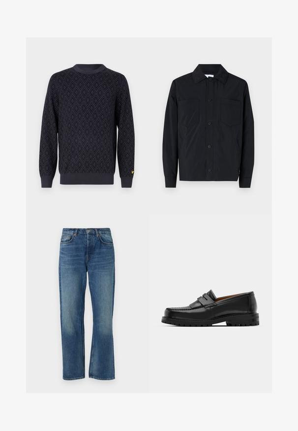 Melna pogu jaka ar īsu piedurkni, izgatavota no viegla auduma, ar divām krūšu kabatām, taisnu apkakli un garām piedurknēm. Gluda tekstūra un bez rakstiem.; Tumši zils adīts džemperis ar dimanta rakstu, apaļu kakla izgriezumu, ribotām piedurknēm un apakšmalu, ar mazu dzeltenu logo kreisajā piedurknē.; Zilas džinsu bikses ar taisnu piegriezumu, kurām ir klasiska piecu kabatu forma, nolietota tekstūra un varšrievu akcents.; Melni ādas loafers cepumi izceļas ar paceltu šuvu, divām dekoratīvām siksnām augšpusē un biezu teksturētu zoli labākai saķerei.