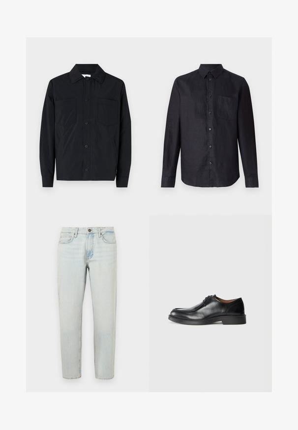 Fekete gombos dzseki könnyű anyagból, két mellzsebel, egyenes gallér és hosszú ujjak jellemzik. Sima felület, mintázat nélkül.; Fekete, hosszú ujjú ing struktúrált anyagból, gombos elülső résszel, klasszikus gallérral és bal oldali mellzsebből.; Világoskék farmernadrág egyenes szárú szabással, öt zsebes kialakítással és gombos zárással. Az anyag enyhén kopott, egy kicsit megviselt textúrával rendelkezik.; Fekete bőrből készült férfi cipő lekerekített orral, sima felülettel, fűzőkkel és alacsony, texturált gumitalppal. Tiszta vonalak és letisztult dizájn.