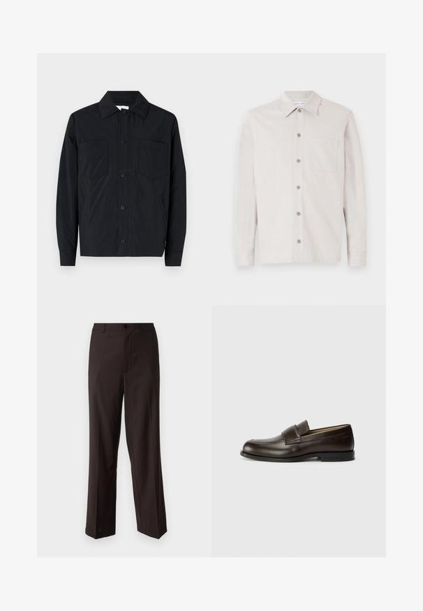 Czarna kurtka zapinana na guziki, wykonana z lekkiego materiału, z dwiema kieszeniami na piersi, prostym kołnierzem i długimi rękawami. Gładka faktura i bez wzorów.; Jasno beżowa koszula z guzikami, z kołnierzykiem, długimi rękawami, kieszonką na piersi i teksturowanym materiałem. Posiada sześć guzików z przodu.; Czarne spodnie wykonane z lekkiego materiału, z płaskim przodem, zapięciem na pojedynczy guzik oraz prostą nogawką z subtelnymi fałdami.; Calvin Klein - Półbuty wsuwane
