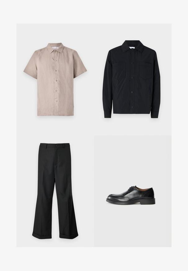 Juodas lengvas audinys, marškininė striukė su dviem krūtinės kišenėmis, tiesiu apykakle ir ilgomis rankovėmis. Lygus paviršius be raštų.; Šviesiai smėlio spalvos lininė marškinė su trumpomis rankovėmis ir mygtukais. Yra išskleistas apykaklė ir priekinė užtrauktukas su atitinkančiais mygtukais. Lygus paviršius.; Juodos plačios kelnės su mygtukų juosmeniu ir raukšlėmis, eksponuojamos prieš paprastą baltą foną.; Juodų odinių batų su apvalia nosimi, lygiu paviršiumi, raišteliais ir žemu, struktūrizuotu guminio pado padu. Aiškios linijos ir minimalus dizainas.