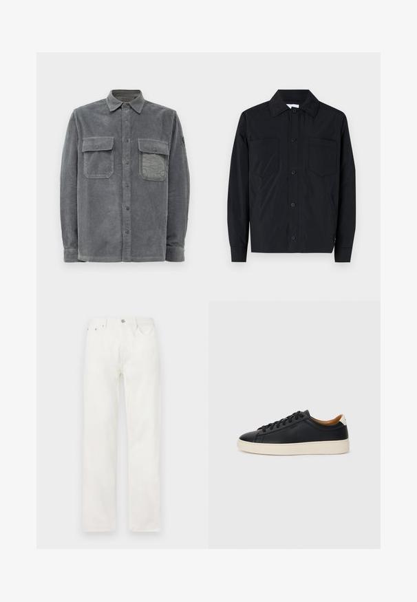 Svart knäppjacka i lätt tyg med två bröstfickor, rak krage och långa ärmar. Slät textur utan mönster.; Grå kordflossskjorta med knäppning fram, två bröstfickor och en strukturerad yta med vertikal ribbning.; Vita denimjeans med rak passform, knapp- och dragkedjestängning, femficksdesign och utan synliga mönster eller dekorationer.; Svarta lädersneakers med en slät yta, beige gummisula, snörning och en kontrasterande hälackcent.
