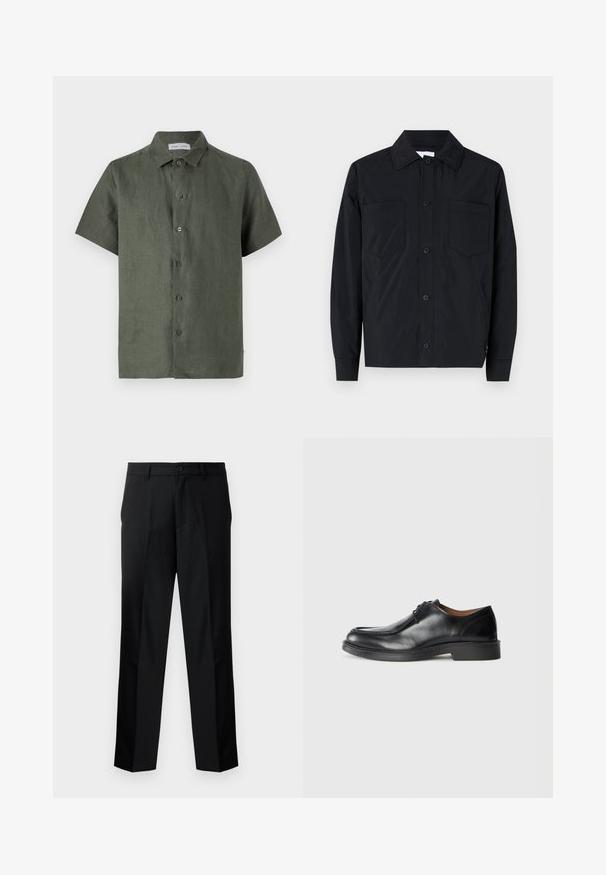 Juodas lengvas audinys, marškininė striukė su dviem krūtinės kišenėmis, tiesiu apykakle ir ilgomis rankovėmis. Lygus paviršius be raštų.; Tamsiai žalia lino marškinėliai trumpomis rankovėmis su priekine mygtukų uždarymo sistema, smailiu apykakle ir tiesiu apatine dalimi. Yra penki priekiniai mygtukai.; Juodos pritaikytos kelnės su tiesiu kirpimu, su mygtuko užsegimu, užtrauktuku ir diržo kilpomis. Lygus audinys su šoninėmis kišenėmis.; Juodų odinių batų su apvalia nosimi, lygiu paviršiumi, raišteliais ir žemu, struktūrizuotu guminio pado padu. Aiškios linijos ir minimalus dizainas.