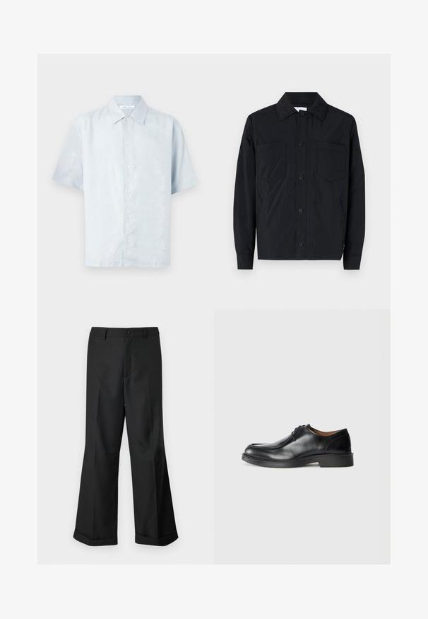Fekete gombos dzseki könnyű anyagból, két mellzsebel, egyenes gallér és hosszú ujjak jellemzik. Sima felület, mintázat nélkül.; Világoskék, rövid ujjú ing, finom levélmintával, gombos elülső résszel és klasszikus gallérral, sima, texturált anyagból.; Fekete, bő szárú nadrág gombos derékkal és felhajtott szegélyekkel, sima fehér háttér előtt bemutatva.; Fekete bőrből készült férfi cipő lekerekített orral, sima felülettel, fűzőkkel és alacsony, texturált gumitalppal. Tiszta vonalak és letisztult dizájn.