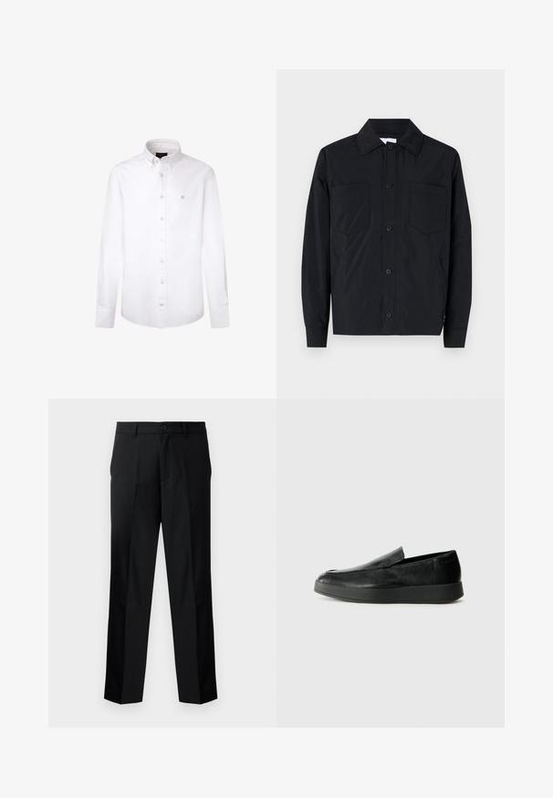 Chaqueta negra de botones, confeccionada en tela ligera, que cuenta con dos bolsillos en el pecho, un cuello recto y mangas largas. Textura suave y sin patrones.; Camisa blanca de manga larga hecha de algodón. Presenta un clásico cuello abotonado, botones en el frente y un pequeño logo azul en el lado izquierdo del pecho.; Pantalones negros de corte recto y ajustados, con cierre de botón, cremallera y trabillas para cinturón. Tejido suave con bolsillos laterales.; Calvin Klein HYBRID CUP - Zapatos sin cordones - triple black