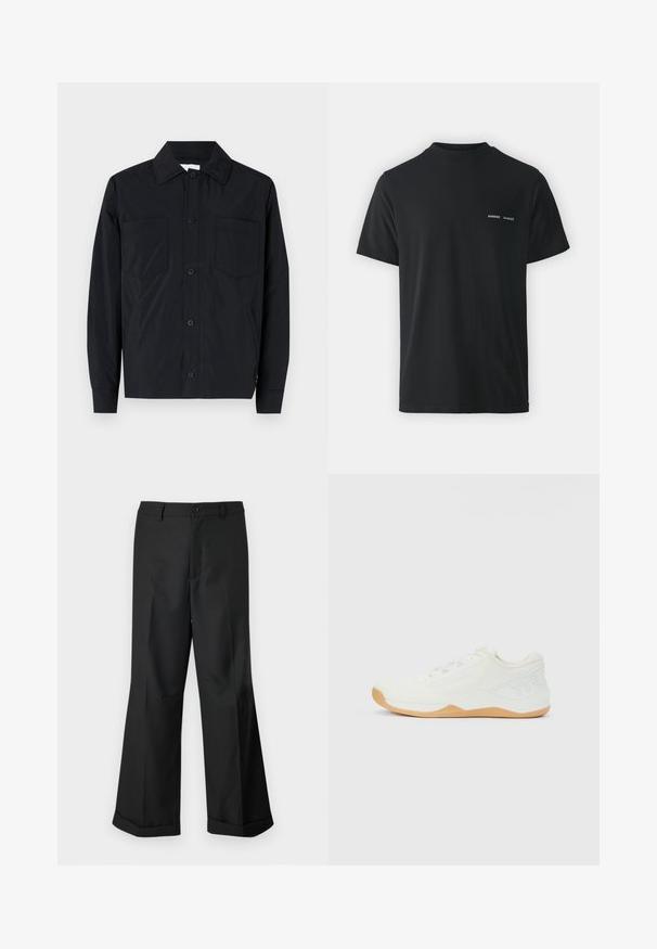 Sort knap-igennem jakke lavet af letvægtsstof, med to brystlommer, en lige krave og lange ærmer. Glat tekstur og ingen mønstre.; Sort bomulds t-shirt med klassisk rund hals, korte ærmer og to små hvide "SAMSØE" logoer på venstre bryst.; Sorte vide benbukser med knappet talje og opslåede ben, præsenteret mod en ensfarvet hvid baggrund.; Hvide lavtops atletiske sko med strikket overdel, beige gummisål, snørebånd og forhøjet "TYR" logo på hælen.