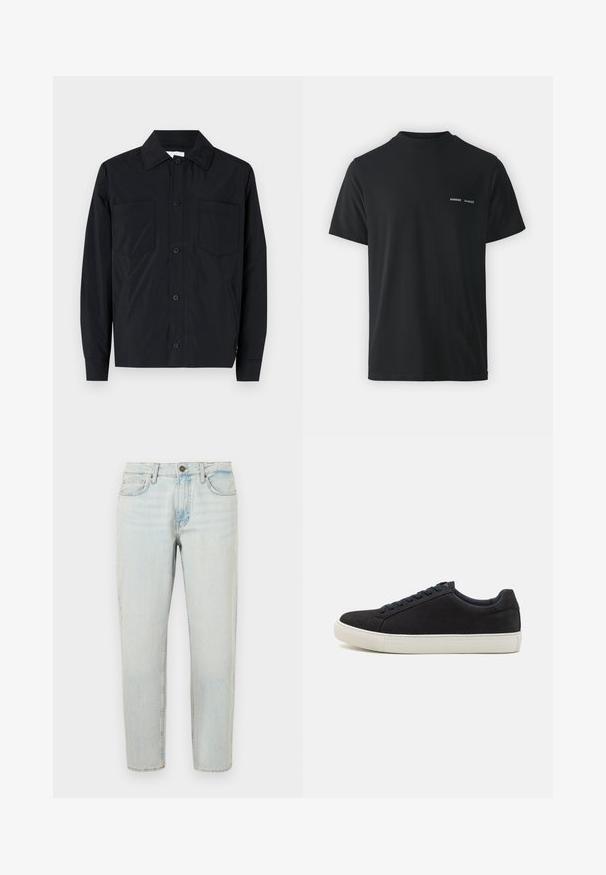 Črna jakna s trakci iz lahkotnega materiala, ki ima dve žepni na prsih, ravno ovratnik in dolge rokave. Gladka tekstura in brez vzorcev.; Črna bombažna majica s klasičnim okroglim izrezom, kratkimi rokavi in dvema malima belima logoma "SAMSØE" na levi strani prsnega koša.; Svetlo modri traper hlače z ravnim krojem, petimi žepi in gumbom za zapiranje. Tkanina prikazuje zbledel, rahlo obrabljen videz.; Črne semišteniske z zaobljenim nosom, belim gumijastim podplatom, kontrastnimi modrimi vezalkami in gladko teksturo. Minimalistična zasnova brez vidnega logotipa.