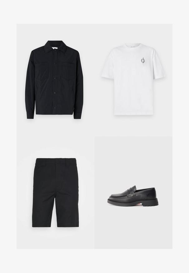 Svart knäppjacka i lätt tyg med två bröstfickor, rak krage och långa ärmar. Slät textur utan mönster.; Vit bomullströja med avslappnad passform, med en liten svart grafisk logotyp på vänster bröstområde. Korta ärmar, rundad hals.; Svarta bomullsshorts med rak skärning, bältesöglor och en snygg fåll. Har dolda framfickor och en mjuk textur.; Svarta läderloafers med rund tå, höjt söm och tjock gummisula. Enkelt design med minimal märkning på sidan.