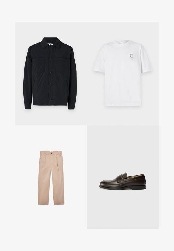 Černá kožená bunda na knoflíky vyrobená z lehkého materiálu, s dvěma náprsními kapsami, rovného límce a dlouhými rukávy. Hladký povrch a bez vzorů.; Bílý bavlněný tričko s volným střihem, které má malé černé grafické logo na levé straně hrudi. Krátké rukávy, kulatý výstřih.; Khaki kalhoty vyrobené z bavlny s rovnými nohavicemi, obsahující dvě přední kapsy, zapínání na knoflík a klasický střih.; Calvin Klein Polobotky - cocoa brown