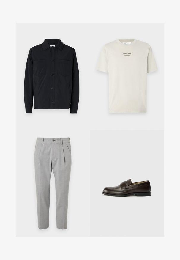 Črna jakna s trakci iz lahkotnega materiala, ki ima dve žepni na prsih, ravno ovratnik in dolge rokave. Gladka tekstura in brez vzorcev.; Svetlo bež bombažna majica z kratkimi rokavi, okroglim izrezom in črnim natisnjenim besedilom "SAMSE SAMSØ COPENHAGEN" v središču prsnega dela.; Sive prilagojene hlače z gladko teksturo, z naborki, sprednjimi žepi, pasom s passom in gumbom za zapiranje.; Calvin Klein Čevlji brez vezalk - cocoa brown