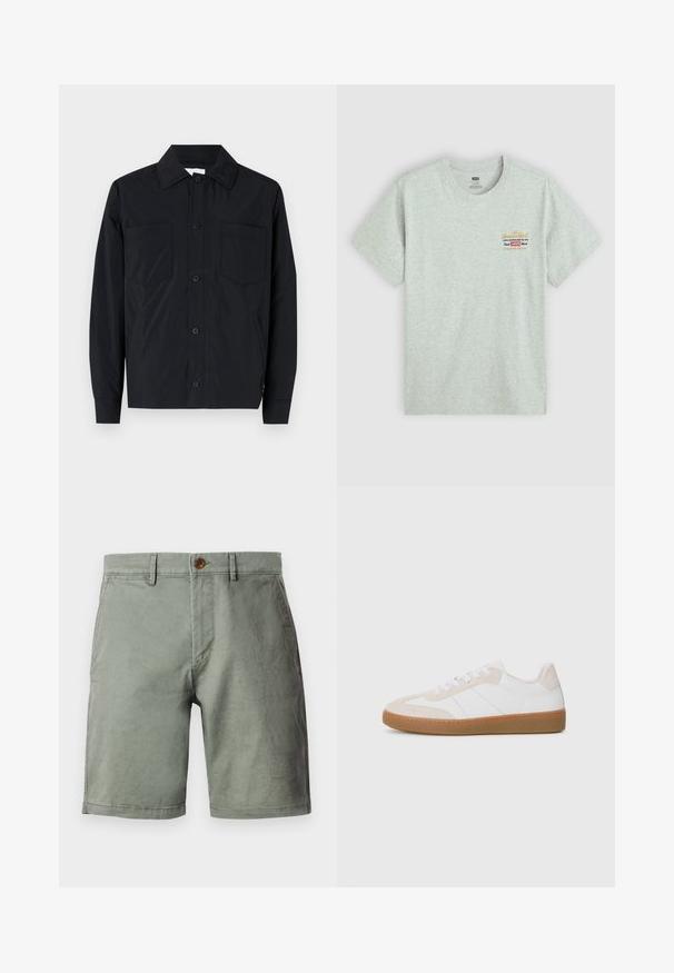 Melna pogu jaka ar īsu piedurkni, izgatavota no viegla auduma, ar divām krūšu kabatām, taisnu apkakli un garām piedurknēm. Gluda tekstūra un bez rakstiem.; Pelēka kokvilnas t-krekls ar īsām piedurknēm, apaļu kakla izgriezumu, ar daudzkrāsainu zīmola logotipa druku augšējā kreisajā pusē. Gluda tekstūra.; Gaiši zaļi šorti, kas izgatavoti no kokvilnas maisījuma, ar priekšējo pogu aizdari, jostu cilpiņām un plakanu priekšpusi. Gluda tekstūra, līdz ceļiem.; Baltas un bēšs sporta apavi ar zamša un ādas elementiem. Aprīkoti ar gumijas zoli, šņorēšanas dizainu un minimālistiskām sānu svītrām.