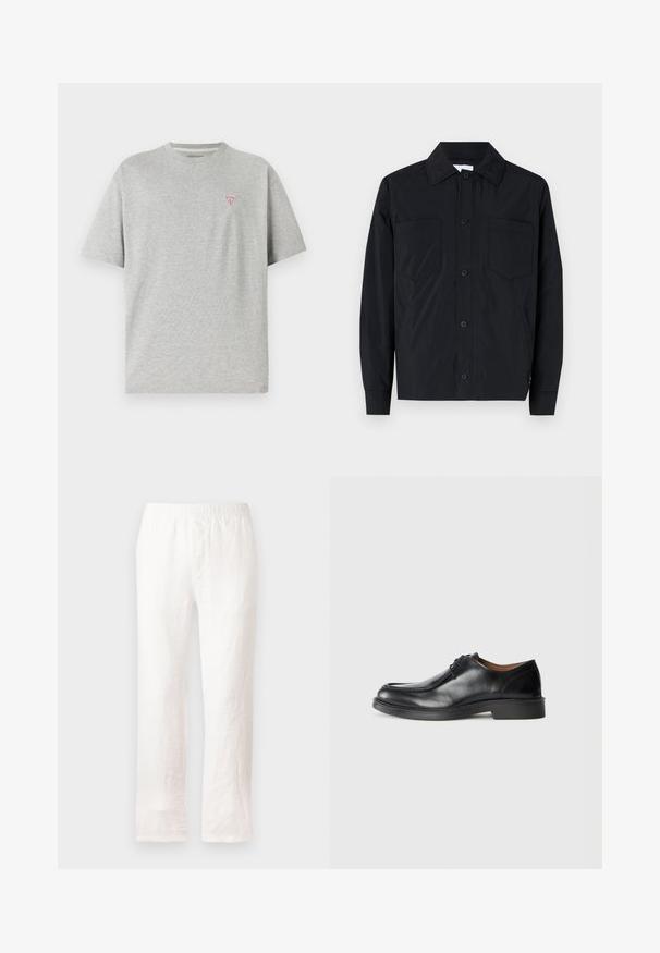 Juodas lengvas audinys, marškininė striukė su dviem krūtinės kišenėmis, tiesiu apykakle ir ilgomis rankovėmis. Lygus paviršius be raštų.; Pilkas medvilnės marškinėliai trumpomis rankovėmis; ant kairiojo krūtinės puikuojasi mažas raudonas trikampio logotipas; klasikinis apvalus kaklas; lygi tekstūra.; Baltos lininės kelnių su elastine juosta, tiesaus kirpimo dizainas ir šiek tiek tekstūruota medžiaga. Be raštų ar papildomų detalių.; Juodų odinių batų su apvalia nosimi, lygiu paviršiumi, raišteliais ir žemu, struktūrizuotu guminio pado padu. Aiškios linijos ir minimalus dizainas.