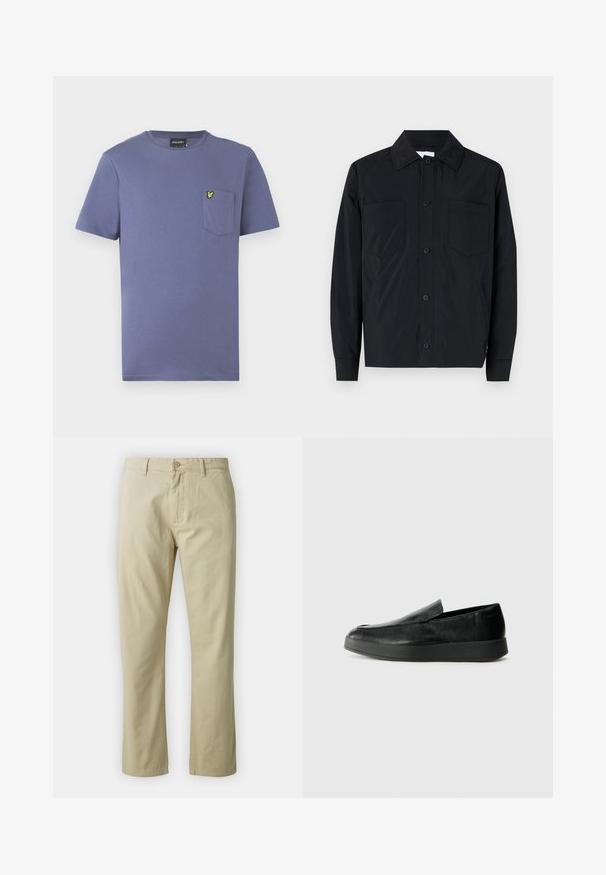 Črna jakna s trakci iz lahkotnega materiala, ki ima dve žepni na prsih, ravno ovratnik in dolge rokave. Gladka tekstura in brez vzorcev.; Vijolična bombažna majica s kratkimi rokavi, okrolim izrezom in prsnim žepom z rumenim vezenim logotipom.; Bež bombažne hlače s ravnim krojem, sprednjim gumbom in zankami za pas. Gladka tekstura, brez vidnih vzorcev ali akcentov.; Calvin Klein HYBRID CUP - Čevlji brez vezalk - triple black