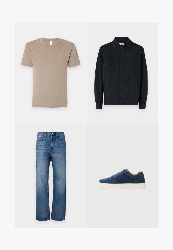 Jachetă neagră cu nasturi, confecționată dintr-un material ușor, având două buzunare pe piept, guler drept și mâneci lungi. Textură netedă și fără modele.; Tricou maro, cu mâneci scurte, fabricat din bumbac moale. Are un guler tip crew și un design simplu, fără modele sau embellismente.; Jeans din denim cu picioare drepte de culoare albastră, cu o ușoară decolorare, închidere cu buton în față și un mic etichetă cu logo pe buzunarul din față din dreapta.; Adidași din suede albastru cu talpă din cauciuc alb, design cu șireturi, vârf rotund și interior contrastant de nuanță bej. Detalii fine de cusătură.