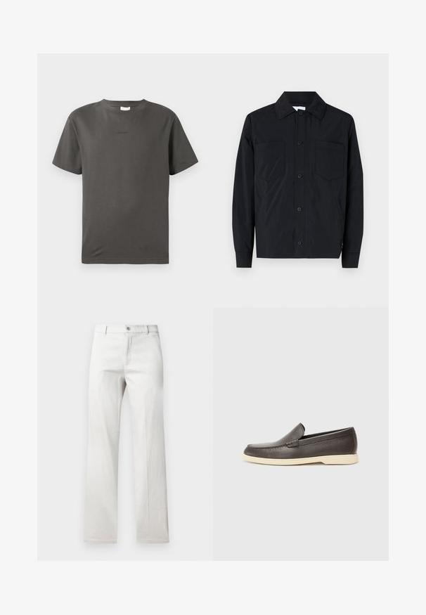 Svart knappjakke laget av lett stoff, med to brystlommer, rett krage og lange ermer. Glatt tekstur uten mønster.; Grå bomull t-skjorte med rund hals og kort ermer. Har en liten, diskret logo på fronten. Glatt tekstur og klassisk passform.; Lysegrå bukser med rett bendesign, laget av et glatt stoff, med frontlukking med knapp og sidelommer.; Brune lær slip-on sko med en teksturert overflate og en kontrasterende lys beige såle, med en avrundet tå og minimale sømdetaljer.