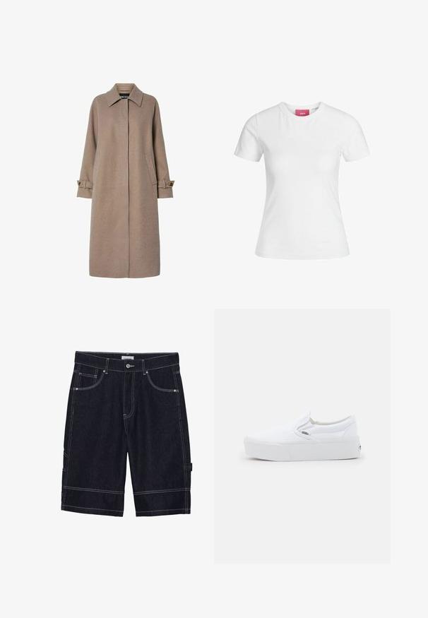 Beige wool blend coat with a straight cut, high collar, and side pockets. Features button accents on the cuff of the long sleeves.; White cotton t-shirt with short sleeves and a round neckline. Features a pink label on the inner neck. Smooth texture.; Dark denim shorts with contrast stitching, five pockets, a button closure, and a straight cut design. No visible patterns or textures.; White Vans slip-on sneaker with thick sole and subtle logo tag on side, shown in profile against plain light background.
