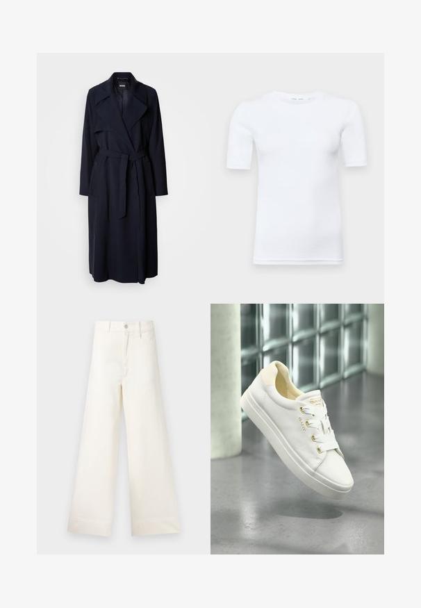 Navy trench coat with a large collar, long sleeves, a tied belt at the waist, and side pockets. Smooth fabric with a relaxed fit design.; White short-sleeve t-shirt made of cotton. Features a round neckline and a smooth texture, with minimal stitching visible at the hem.; Wide-leg trousers in light beige cotton. Features a high waist, front pockets, and a straight cut. Clean hem finishing without patterns.; White leather sneakers with a smooth texture, round toe, and flat sole. Features gold accents and white laces for secure fastening.