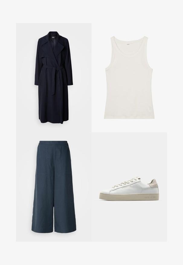 Navy trench coat with a large collar, long sleeves, a tied belt at the waist, and side pockets. Smooth fabric with a relaxed fit design.; White cotton tank top with a wide neckline and thin shoulder straps. Smooth texture with no visible patterns or embellishments.; Wide-leg trousers in navy blue, made from lightweight fabric. Features a slightly textured surface, elastic waistband, and front seams.; White leather sneaker with a smooth finish, beige suede accents, round toe, flat lace-up design, and a textured rubber sole.
