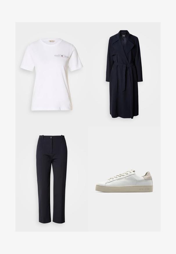 Námornícky trenčkot s veľkým golierom, dlhými rukávmi, opaskom na viazanie v páse a bočnými vreckami. Hladká tkanina s voľným strihom.; Biela bavlnená tričko s krátkymi rukávmi a okrúhlym výstrihom, s tmavosivou potlačou loga a textu na prednej strane. Hladká textúra.; Námornícke modré nohavice so strihom priamo, vyrobené z hladkej látky. Obsahujú predné vrecká a zapínanie na gombík v páse.; Biele kožené tenisky s hladkým povrchom, béžové sametové akcenty, okrúly špička, plochý dizajn na šnurovanie a štruktúrovaná gumová podrážka.