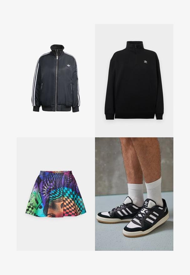 Musta vetoketjullinen takki, joka on valmistettu kiiltävästä kankaasta. Takissa on valkoiset pystysuorat raidat hihoissa, ribbireunukset, korkea kaulus ja pieni logo rinnassa.; Musta puolivetoketjullinen collegepaita pehmeästä kankaasta, jossa on korkea kaulus, resorireunaiset hihansuut ja pieni valkoinen Adidas-logo rinnassa.; Värikäs hame, jossa on sekoitus kuoseja purppurassa, sinisessä, vihreässä ja oranssissa. Joustava vyötärö ja laskostettu muotoilu parantavat liikkuvuutta.; Valkoiset ja mustat tennarit, joissa on mokkanahka- ja nahkapäällinen, kolme valkoista raitaa, rei'itetty kärki ja kumipohja.