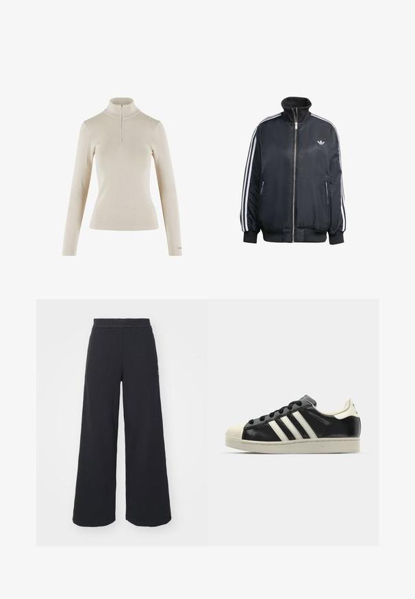 Black zip-up jacket made of shiny fabric, featuring white vertical stripes on sleeves, ribbed cuffs, high collar, and small logo on chest.; Light beige longsleeve turtleneck top made of ribbed fabric, featuring a quarter zip closure at the neck and fitted design.; Black wide-leg sweatpants made from soft fabric, featuring an elastic waistband and a small logo on the left side.; Black leather sneaker with white stripes, rubber toe cap, black laces, and a cream-colored outsole. Smooth texture with shiny finish.