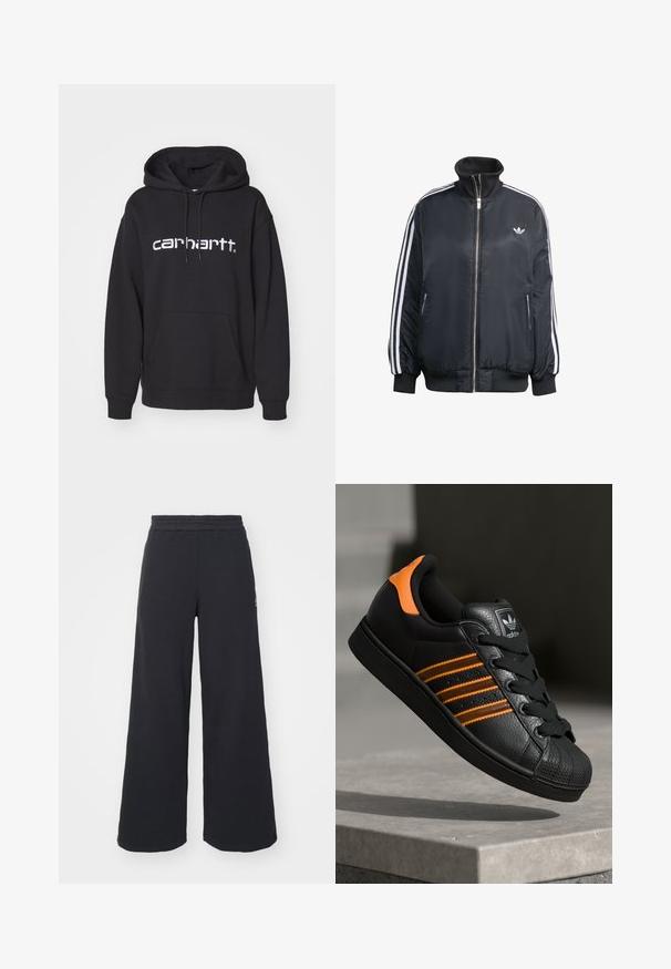 Giacca nera con zip realizzata in tessuto lucido, con strisce verticali bianche sulle maniche, polsini a costine, colletto alto e piccolo logo sul petto.; Felpa nera con cappuccio in cotone, dotata di tasca a marsupio, maniche a polsino e logo "carhartt" ricamato in bianco sul davanti.; Pantaloni felpati neri a gamba larga realizzati in tessuto morbido, con un elastico in vita e un piccolo logo sul lato sinistro.; Sneaker nera con accenti arancioni, tre strisce orizzontali, parte superiore in pelle texture, punta in gomma e lacci neri.