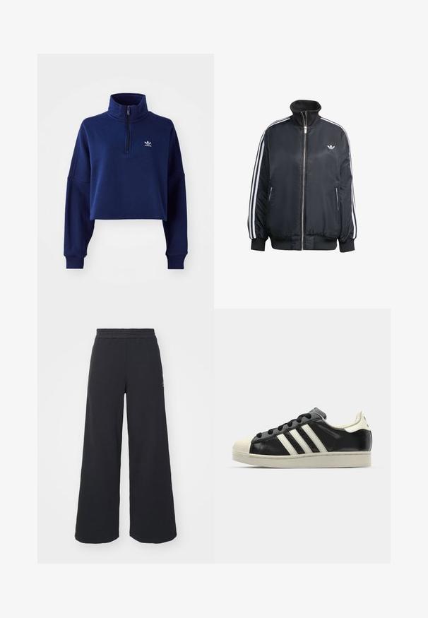 Crna jakna na patent s visokim ovratnikom, izrađena od sjajnog materijala, s bijelim vertikalnim prugama na rukavima, rebrastim manžetama i malim logotipom na prsima.; Tamno plavi, skraćeni dukserica s visokim ovratnikom. Ima kvadratni patentni zatvarač sprijeda i duge rukave. Mali bijeli logo na prsima.; Crne široke sweatpants hlače napravljene od mekog materijala, s elastičnim strukom i malim logotipom s lijeve strane.; Crni kožni tenisice s bijelim prugama, gumeni zaštitni vrh, crne vezice i bijela potplata boje krem. Glatka tekstura s sjajnim završetkom.