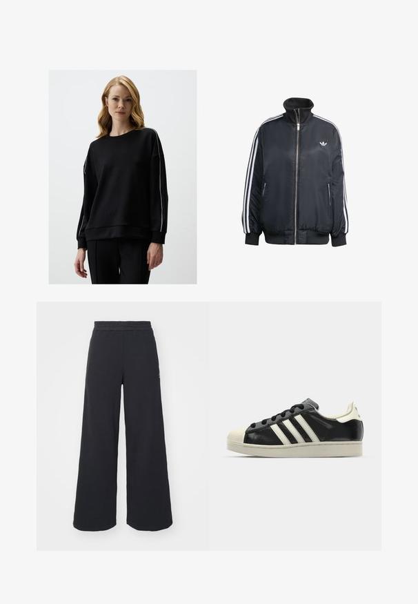 Schwarze zip-up Jacke aus glänzendem Material, mit weißen vertikalen Streifen an den Ärmeln, gerippten Bündchen, hohem Kragen und kleinem Logo auf der Brust.; Schwarzer Sweatshirt mit rundem Halsausschnitt und langen Ärmeln. Verfügt über weiße seitliche Streifen und eine lockere Passform. Hergestellt aus weichem, glattem Stoff.; Schwarze weite Sweatpants aus weichem Material, mit einem elastischen Taillenbund und einem kleinen Logo auf der linken Seite.; Schwarze Ledersneaker mit weißen Streifen, Gummikappe, schwarzen Schnürsenkeln und einer cremefarbenen Sohle. Glatte Textur mit glänzender Oberfläche.