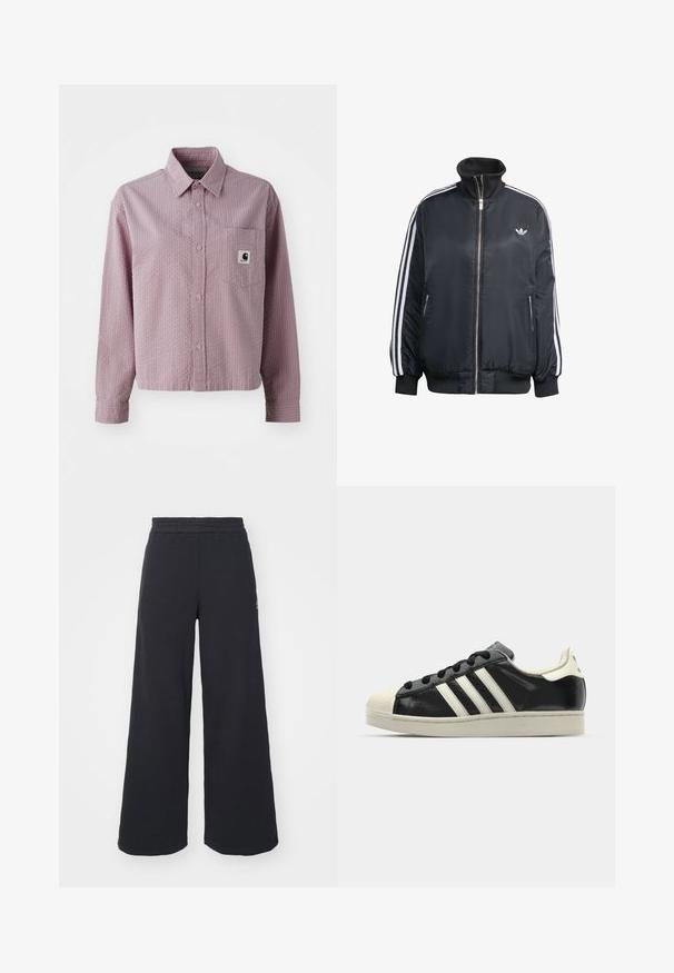 Schwarze zip-up Jacke aus glänzendem Material, mit weißen vertikalen Streifen an den Ärmeln, gerippten Bündchen, hohem Kragen und kleinem Logo auf der Brust.; Helles rosa Hemd mit Knopfverschluss, strukturierter Musterung, langen Ärmeln, einer Brusttasche und einem kleinen Logofähnchen an der Tasche.; Schwarze weite Sweatpants aus weichem Material, mit einem elastischen Taillenbund und einem kleinen Logo auf der linken Seite.; Schwarze Ledersneaker mit weißen Streifen, Gummikappe, schwarzen Schnürsenkeln und einer cremefarbenen Sohle. Glatte Textur mit glänzender Oberfläche.