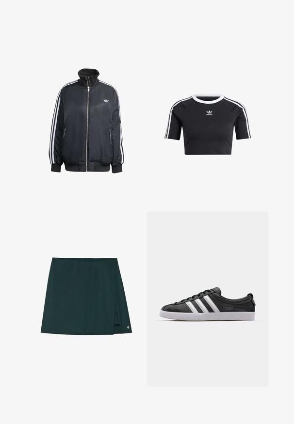 Zwart ritsjack van glanzende stof, met witte verticale strepen op de mouwen, geribbelde manchetten, hoge kraag en klein logo op de borst.; Zwart cropped t-shirt van katoen, met een geribde witte ronde hals, korte raglanmouwen en witte zijstrepen met een klein logo.; Donkergroene korte rok met een wikkeldesign, voorzien van een zijsplit en subtiele logoaccenten bij de zoom. Gemaakt van een gladde stof.; Zwarte lederen sneaker met een witte drie-strepen ontwerp, ronde neus, platte witte rubberen zool en merkdetail aan de zijkant.