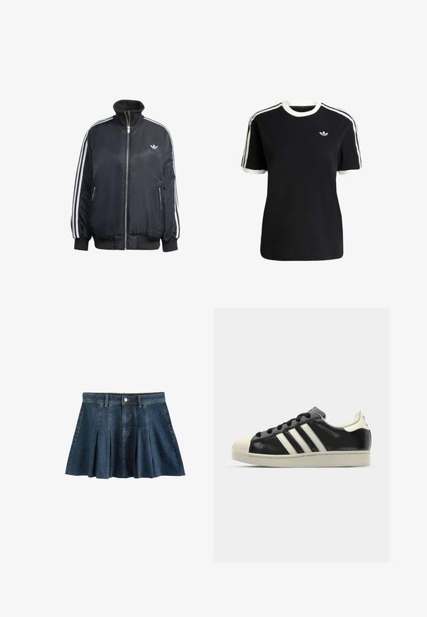 Chaqueta negra con cremallera, hecha de tela brillante, con rayas verticales blancas en las mangas, puños acanalados, cuello alto y un pequeño logo en el pecho.; Camiseta de algodón negra con acentos en blanco en el cuello y las mangas, que presenta tres rayas blancas en cada hombro y un pequeño logo en el pecho.; Next REGULAR FIT - Minifalda - dark blue; Zapatilla de cuero negro con rayas blancas, puntera de goma, cordones negros y suela color crema. Textura suave con acabado brillante.
