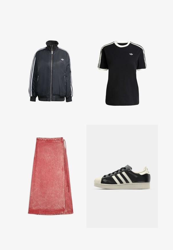 Chaqueta negra con cremallera, hecha de tela brillante, con rayas verticales blancas en las mangas, puños acanalados, cuello alto y un pequeño logo en el pecho.; Camiseta de algodón negra con acentos en blanco en el cuello y las mangas, que presenta tres rayas blancas en cada hombro y un pequeño logo en el pecho.; Falda envolvente de denim rojo con un efecto de lavado descolorido, de longitud hasta el tobillo, que presenta un cierre lateral con lazo y dobladillo cosido.; Zapatilla de cuero negro con rayas blancas, puntera de goma, cordones negros y suela color crema. Textura suave con acabado brillante.