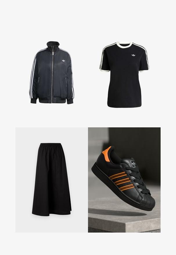 Svart zip-up jacka i glänsande tyg, med vita vertikala ränder på ärmarna, ribbade manschetter, hög krage och liten logo på bröstet.; Svart bomull t-shirt med vita detaljer på kragen och ärmarna, med tre vita ränder på varje axel och en liten logotyp på bröstet.; Svart, knälång kjol gjord av lätt material med elastisk midja och en avslappnad A-linjeform. Inga synliga mönster.; Svart sneakers med orange detaljer, tre horisontella ränder, texturerad läderöverdel, gummitåhuvud och svarta snören.