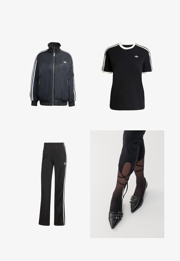 Schwarze zip-up Jacke aus glänzendem Material, mit weißen vertikalen Streifen an den Ärmeln, gerippten Bündchen, hohem Kragen und kleinem Logo auf der Brust.; Schwarzes Baumwoll-T-Shirt mit weißen Akzenten am Kragen und an den Ärmeln, ausgestattet mit drei weißen Streifen auf jeder Schulter und einem kleinen Logo auf der Brust.; Schwarze Sporthose mit slim fit, elastischem Bund, seitlichen Reißverschlusstaschen und weißen Seitenträumen. Hergestellt aus weichem, atmungsaktivem Material.; Schwarze spitze Ballerinas aus Leder, mit drei Metall-Schnallen und einer glatten Oberfläche, getragen mit transparenten schwarzen Strümpfen.