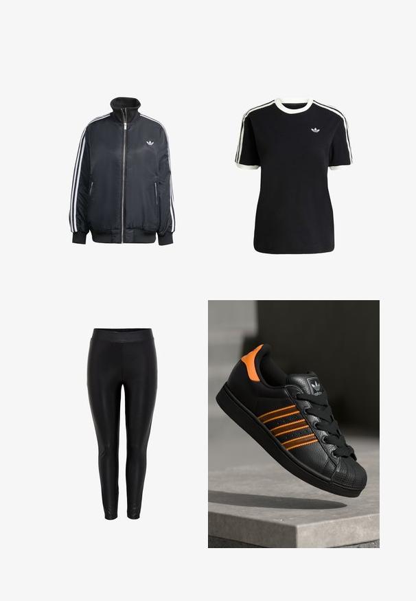 Zwart ritsjack van glanzende stof, met witte verticale strepen op de mouwen, geribbelde manchetten, hoge kraag en klein logo op de borst.; Zwarte katoenen t-shirt met witte accenten op de kraag en mouwen, met drie witte strepen op elke schouder en een klein logo op de borst.; Zwarte leggings met een gladde, glanzende textuur, voorzien van een brede elastische tailleband en een slim fit die tot aan de enkels reikt.; Zwarte sneaker met oranje accenten, drie horizontale strepen, bovenwerk van textuurlak, rubberen neuzen en zwarte veters.