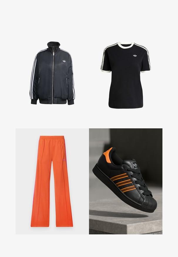 Zwart ritsjack van glanzende stof, met witte verticale strepen op de mouwen, geribbelde manchetten, hoge kraag en klein logo op de borst.; Zwarte katoenen t-shirt met witte accenten op de kraag en mouwen, met drie witte strepen op elke schouder en een klein logo op de borst.; adidas Originals FIREBIRD - Trainingsbroek - orange/semi lucid fuchsia; Zwarte sneaker met oranje accenten, drie horizontale strepen, bovenwerk van textuurlak, rubberen neuzen en zwarte veters.