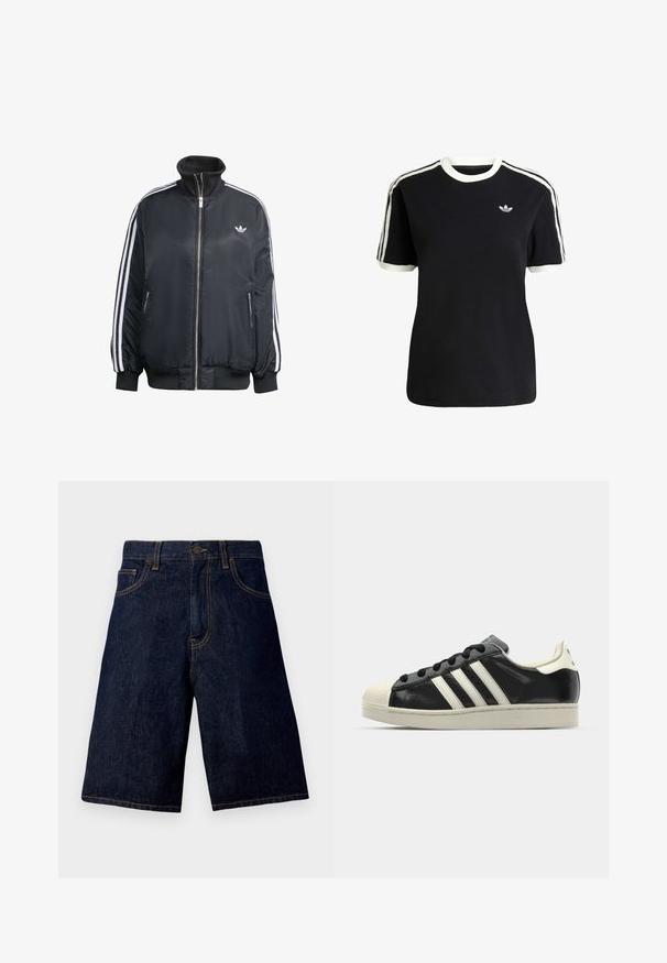 Musta vetoketjullinen takki, joka on valmistettu kiiltävästä kankaasta. Takissa on valkoiset pystysuorat raidat hihoissa, ribbireunukset, korkea kaulus ja pieni logo rinnassa.; Mustat puuvillapaidat, joissa on valkoiset yksityiskohdat kauluksessa ja hihoissa, jossa on kolme valkoista raitaa kummallakin olkapäällä ja pieni logo rintataskussa.; Tummansiniset farkkushortsit suoran leikkauksen omaavina, klassisella viiden taskun muotoilulla ja kontrastivärisellä kultalangalla ommeltuna.; Musta nahkasneakeri, jossa on valkoiset raidat, kuminen varvassuoja, mustat nauhat ja kermaisa ulkopohja. Suora pinta ja kiiltävä viimeistely.