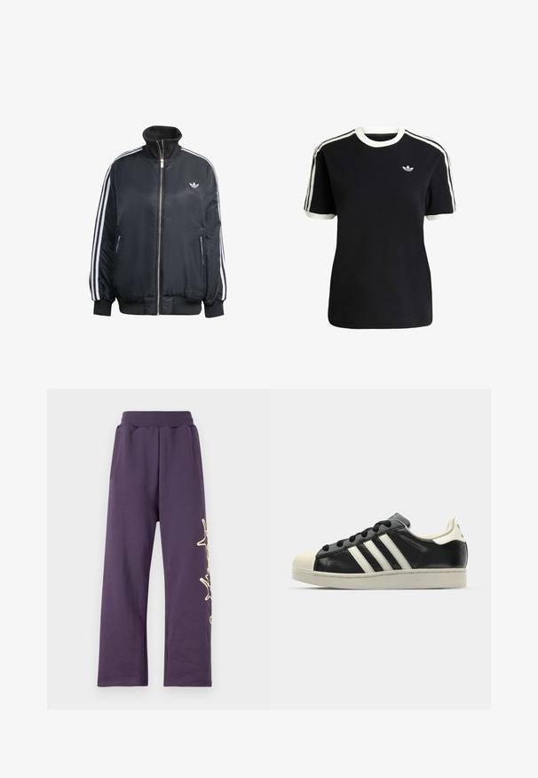 Schwarze zip-up Jacke aus glänzendem Material, mit weißen vertikalen Streifen an den Ärmeln, gerippten Bündchen, hohem Kragen und kleinem Logo auf der Brust.; Schwarzes Baumwoll-T-Shirt mit weißen Akzenten am Kragen und an den Ärmeln, ausgestattet mit drei weißen Streifen auf jeder Schulter und einem kleinen Logo auf der Brust.; Lila Sweatpants mit einem elastischen Bund, Seitentaschen und einem goldenen Grafikdesign am linken Bein. Weiches Material mit lockerer Passform.; Schwarze Ledersneaker mit weißen Streifen, Gummikappe, schwarzen Schnürsenkeln und einer cremefarbenen Sohle. Glatte Textur mit glänzender Oberfläche.
