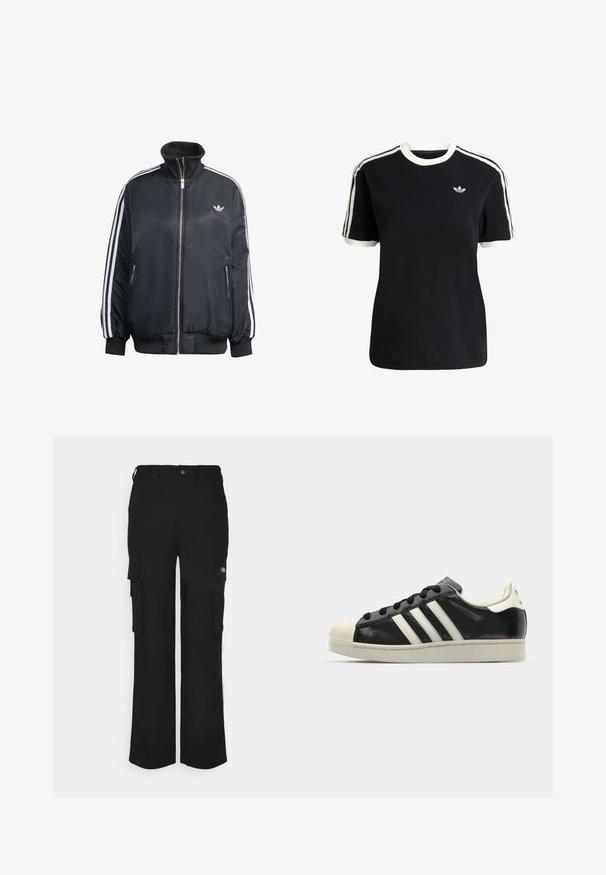 Zwart ritsjack van glanzende stof, met witte verticale strepen op de mouwen, geribbelde manchetten, hoge kraag en klein logo op de borst.; Zwarte katoenen t-shirt met witte accenten op de kraag en mouwen, met drie witte strepen op elke schouder en een klein logo op de borst.; Zwarte cargo broek van duurzaam stof, met twee zijzakken, een knoopsluiting en een relaxte pasvorm met rechte benen.; Zwarte leren sneaker met witte strepen, rubberen teenbescherming, zwarte veters en een crèmekleurige loopzool. Glad oppervlak met een glanzende afwerking.