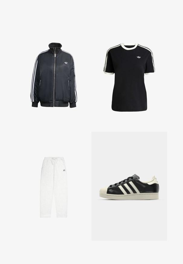 Zwart ritsjack van glanzende stof, met witte verticale strepen op de mouwen, geribbelde manchetten, hoge kraag en klein logo op de borst.; Zwarte katoenen t-shirt met witte accenten op de kraag en mouwen, met drie witte strepen op elke schouder en een klein logo op de borst.; Lichtgrijze sweatpants van zachte stof, met een elastische tailleband met koord, zijzakken en een klein logo op de voorkant.; Zwarte leren sneaker met witte strepen, rubberen teenbescherming, zwarte veters en een crèmekleurige loopzool. Glad oppervlak met een glanzende afwerking.