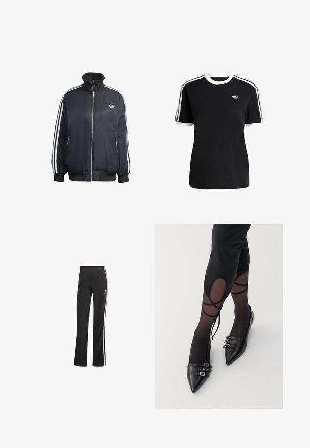 Crna jakna na patent s visokim ovratnikom, izrađena od sjajnog materijala, s bijelim vertikalnim prugama na rukavima, rebrastim manžetama i malim logotipom na prsima.; Crna pamučna majica s bijelim detaljima na ovratniku i rukavima, s tri bijele pruge na svakom ramenu i malim logotipom na prsima.; Crne sportske hlače opuštenog kroja, s bijelim bočnim trakama i elastičnim pojasom. Sadrže mali detalj s logotipom sa strane.; Crne balerinke na špic, napravljene od kože, s tri metalna kopčana akcenta i glatkom završnom obradom, nosene uz prozirne crne čarape.