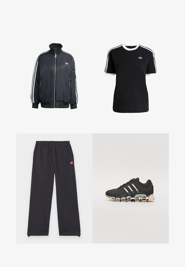 Crna jakna na patent s visokim ovratnikom, izrađena od sjajnog materijala, s bijelim vertikalnim prugama na rukavima, rebrastim manžetama i malim logotipom na prsima.; Crna pamučna majica s bijelim detaljima na ovratniku i rukavima, s tri bijele pruge na svakom ramenu i malim logotipom na prsima.; Crne atletske hlače od mekanog materijala, opuštenog kroja, s elastičnom gumicom u struku, bočnim džepovima te malom crvenom oznakom s prednje strane.; Crne atletske tenisice s teksturiranim gornjim dijelom, tri srebrne pruge i posebnim potplatom s višestrukim integriranim sekcijama.