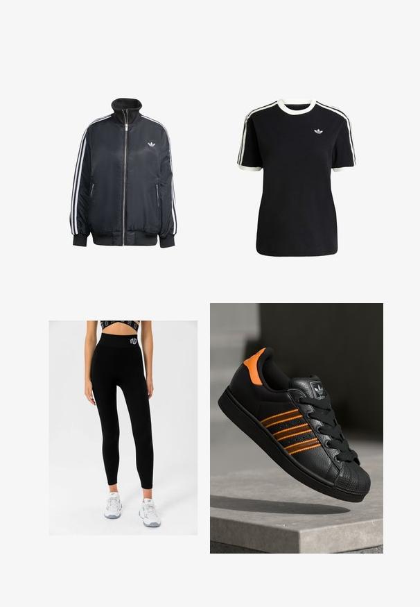Zwart ritsjack van glanzende stof, met witte verticale strepen op de mouwen, geribbelde manchetten, hoge kraag en klein logo op de borst.; Zwarte katoenen t-shirt met witte accenten op de kraag en mouwen, met drie witte strepen op elke schouder en een klein logo op de borst.; Zwarte geribde leggings met een hoge tailleband met een logo, gecombineerd met witte sneakers, die een strakke pasvorm en zachte textuur tonen.; Zwarte sneaker met oranje accenten, drie horizontale strepen, bovenwerk van textuurlak, rubberen neuzen en zwarte veters.