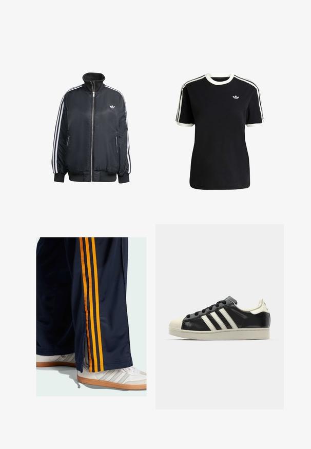 Sort zip-up jakke lavet af skinnende stof, med hvide lodrette striber på ærmerne, ribbede manchetter, høj krave og lille logo på brystet.; Sort bomulds t-shirt med hvide detaljer på kraven og ærmerne, præget af tre hvide striber på hver skulder og et lille logo på brystet.; Marineblå træningsbukser med orange side-striber, lynlåse ved anklerne og en glat tekstur. Bæret med hvide sneakers med grå detaljer.; Sort lædersneakers med hvide striber, gummitåkap, sorte snørebånd og en cremefarvet ydersål. Glat tekstur med blank overflade.