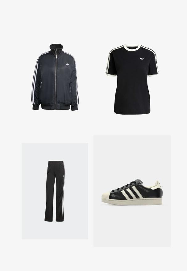Musta vetoketjullinen takki, joka on valmistettu kiiltävästä kankaasta. Takissa on valkoiset pystysuorat raidat hihoissa, ribbireunukset, korkea kaulus ja pieni logo rinnassa.; Mustat puuvillapaidat, joissa on valkoiset yksityiskohdat kauluksessa ja hihoissa, jossa on kolme valkoista raitaa kummallakin olkapäällä ja pieni logo rintataskussa.; adidas Originals Verryttelyhousut - black; Musta nahkasneakeri, jossa on valkoiset raidat, kuminen varvassuoja, mustat nauhat ja kermaisa ulkopohja. Suora pinta ja kiiltävä viimeistely.