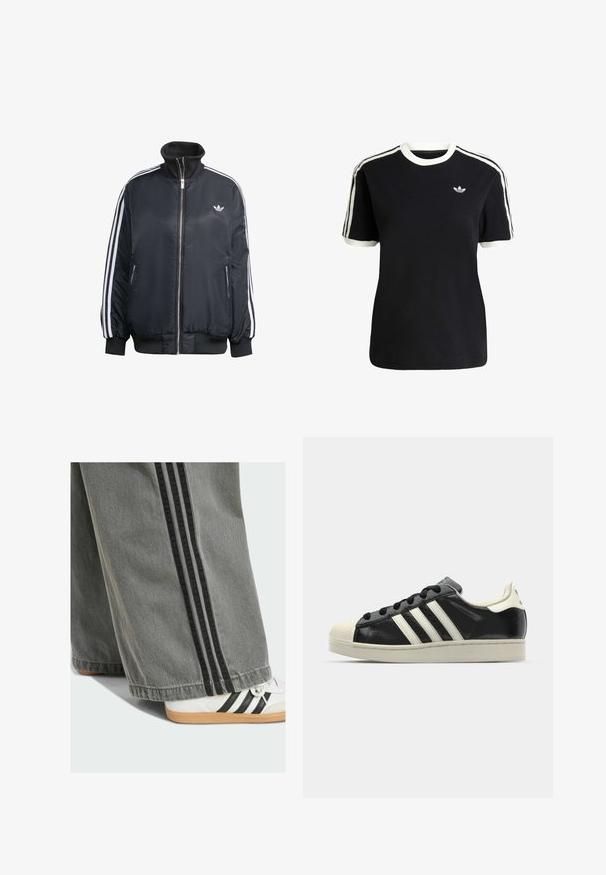 Čierna zipová bunda vyrobená z lesklého materiálu, s bielymi vertikálnymi pruhmi na rukávoch, s rebrovanými manžetami, vysokým golierom a malým logom na hrudi.; Čierne bavlnené tričko s bielymi akcentmi na golieri a rukávoch, s tromi bielymi pruhmi na každom pleci a malým logom na hrudi.; Šedé nohavice s širokými nohavicami a čiernymi bočnými pruhmi, vyrobené z denimu. Biela teniska s čiernymi pruhmi a gumovou podrážkou je čiastočne viditeľná.; Čierne kožené tenisky s bielymi pruhmi, gumenou špičkou, čiernymi šnúrkami a krémovobielou podrážkou. Hladký povrch s lesklým finišom.