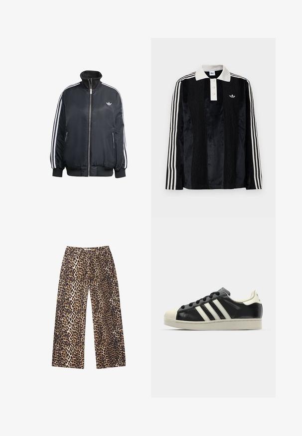 Zwart ritsjack van glanzende stof, met witte verticale strepen op de mouwen, geribbelde manchetten, hoge kraag en klein logo op de borst.; Zwarte fluwelen long-sleeve polo shirt met een witte geribbelde kraag, drie knopen, een textuur aan de voorkant en drie witte strepen op elke mouw.; Wijde broek met een luipaardprint. Bevat een mix van tan, bruin en zwart. Gemaakt van zachte stof met een gladde textuur.; Zwarte leren sneaker met witte strepen, rubberen teenbescherming, zwarte veters en een crèmekleurige loopzool. Glad oppervlak met een glanzende afwerking.